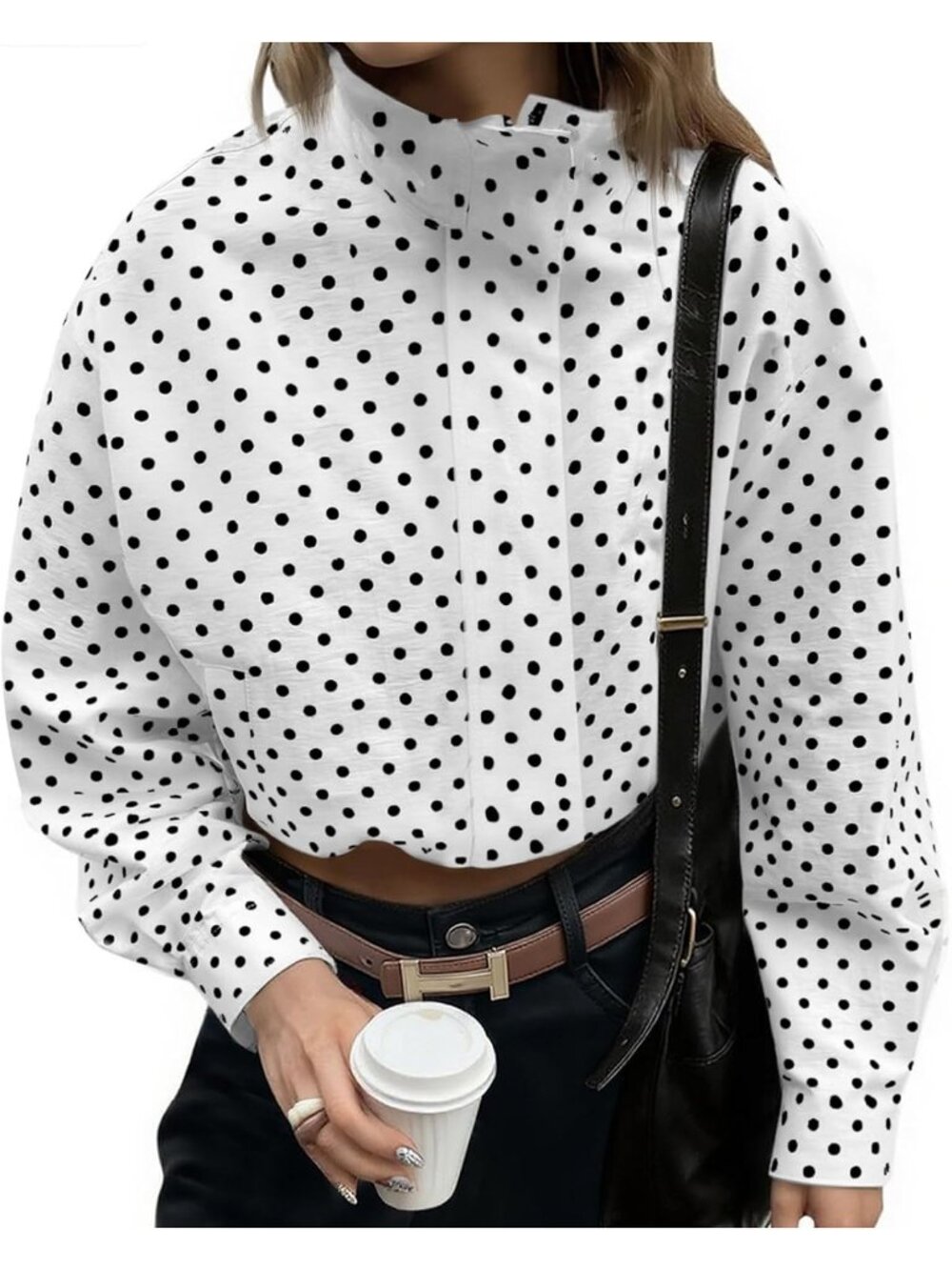 Women’s White Polka Dot Lightweight Lapel Collar Coat ZIP Up Cropped Jacket